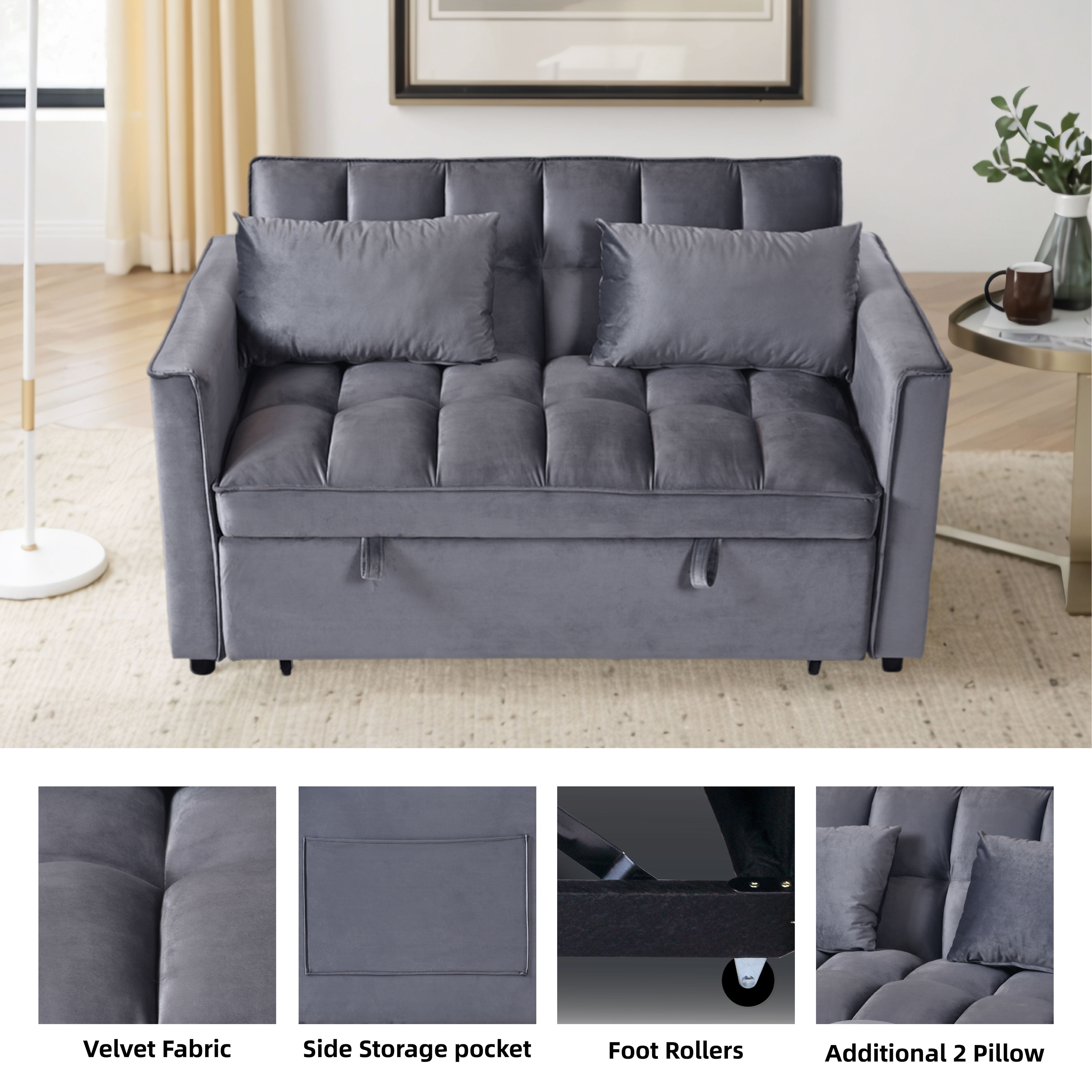 Convertible Sofa Bed, 3-in-1 Velvet Sleeper Sofa Couch with Pullout Bed, Pull Out Couch with Side Pockets and Adjustable Backrest, Sectional Sofa for Living Room, Grey, Made in Vietnam Convertible Sofa Bed, 3-in-1 Velvet Sleeper Sofa Couch with Pullout Bed, Pull Out Couch with Side Pockets and Adjustable Backrest, Sectional Sofa for Living Room, Grey, Made in Vietnam